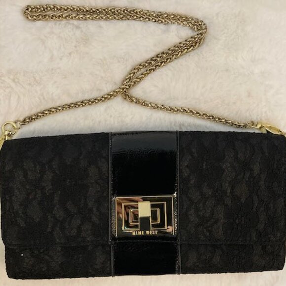 Nine West Brand New Black Lace & Patent Clutch Shoulder Bag - Picture 1 of 5